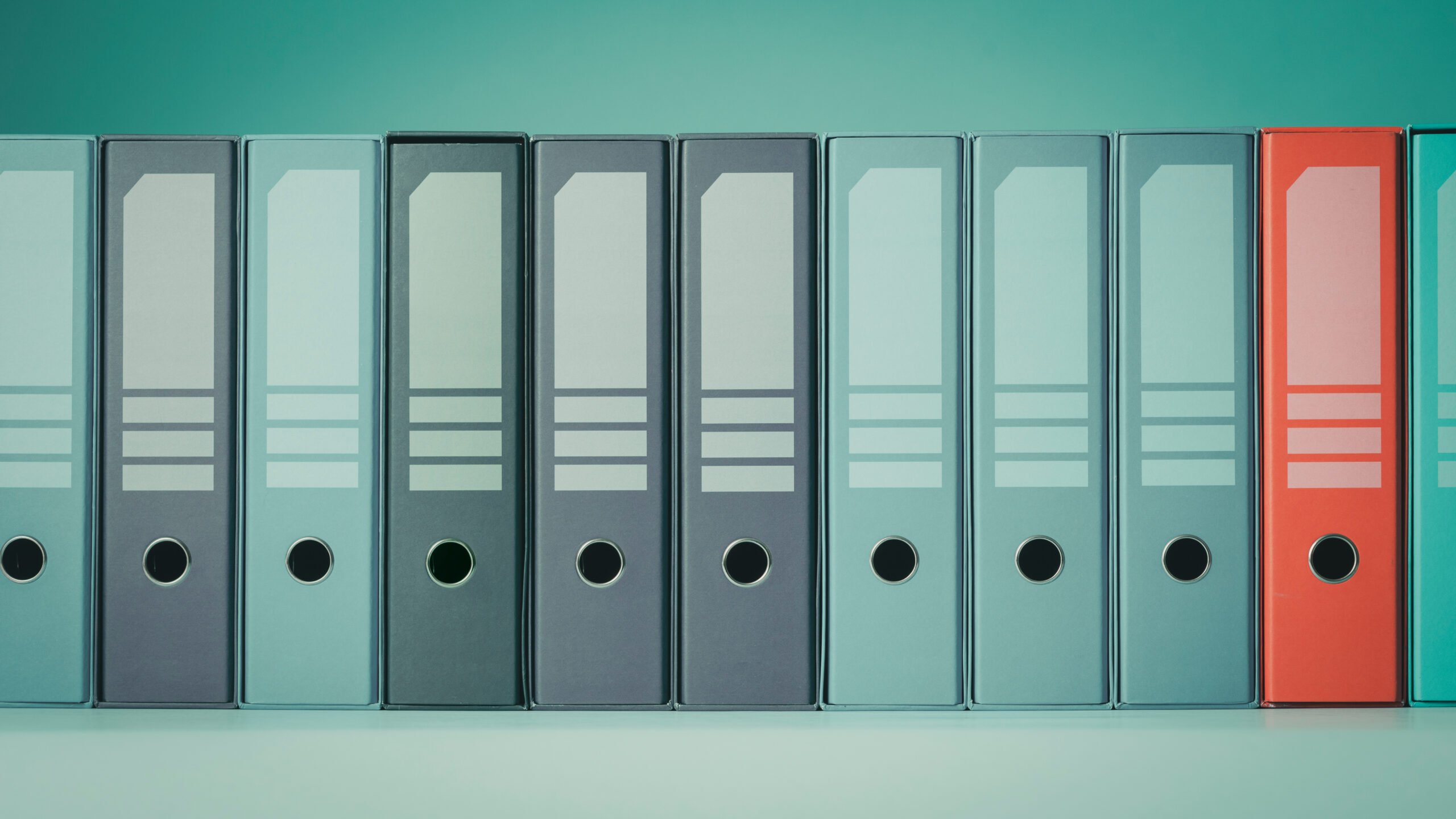 A row of ring binders on a shelf, one red binder standing out among the rest